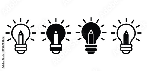 Lightbulb Pencil Creativity and Innovation Symbols Icons Black and White Color Vector Design Illustration