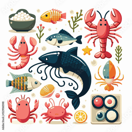 seafood, fish, restaurant, food, menu, dinner, sea, sketch, ocean, fresh, illustration, vector, vintage, market, shellfish, octopus, ink, meal, gourmet, shrimp, lobster, drawing, design, background, c