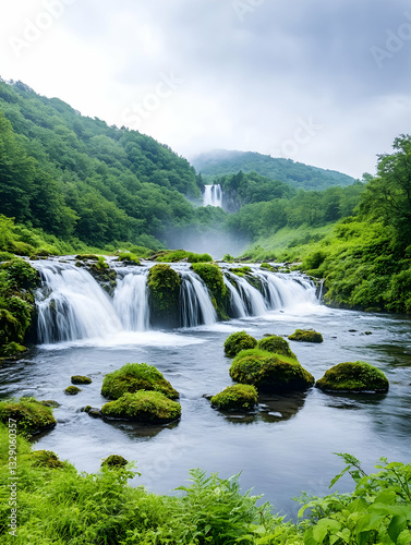 Serene waterfall cascading into a lush green valley, misty atmosphere