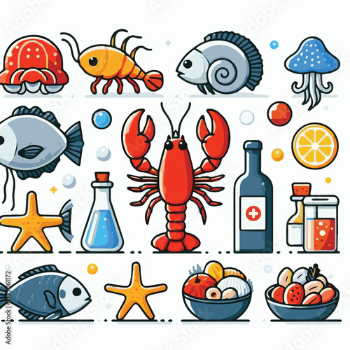 seafood, fish, restaurant, food, menu, dinner, sea, sketch, ocean, fresh, illustration, vector, vintage, market, shellfish, octopus, ink, meal, gourmet, shrimp, lobster, drawing, design, background, c