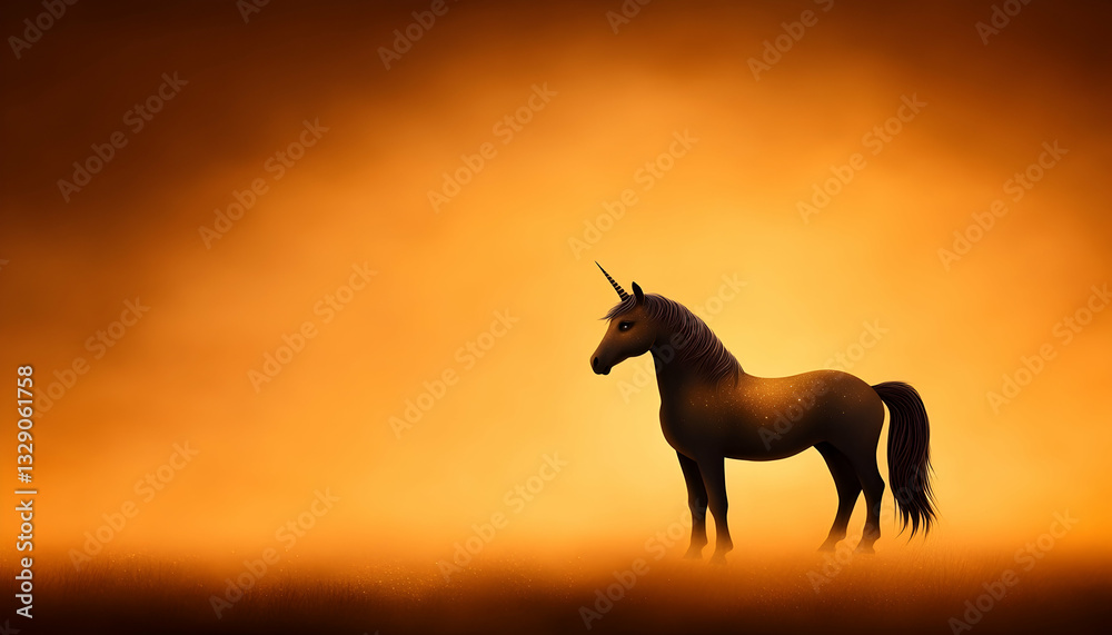 Silhouette of a dark unicorn at sunset