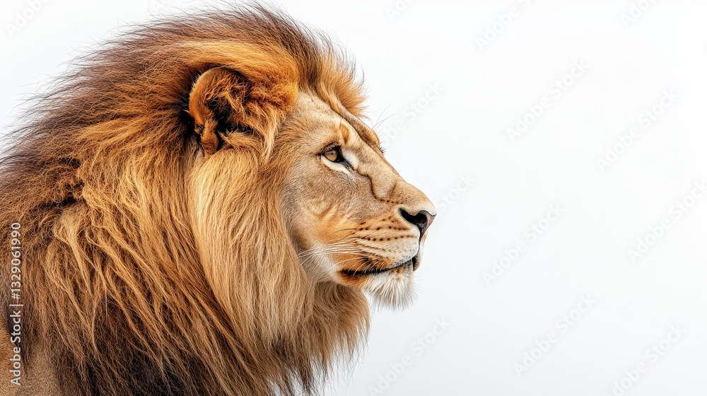 Obraz premium A majestic lion gazes rightward; its mane ruffles in the breeze. Light brown tones highlight strength and elegance, capturing its wild essence in exquisite detail