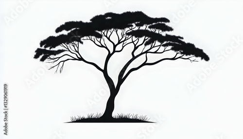 Silhouette of a majestic acacia tree against a white background