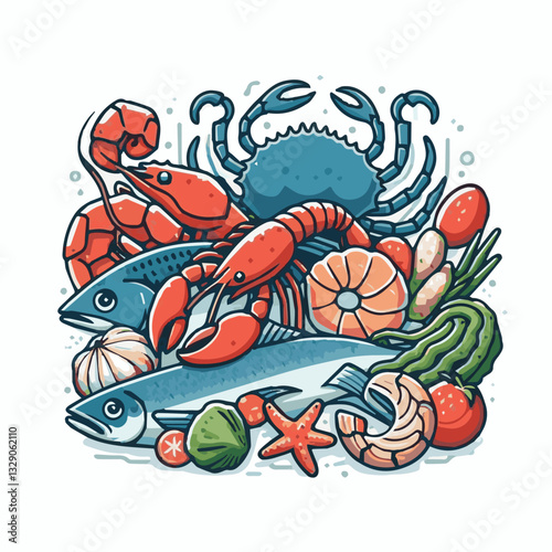 seafood, fish, restaurant, food, menu, dinner, sea, sketch, ocean, fresh, illustration, vector, vintage, market, shellfish, octopus, ink, meal, gourmet, shrimp, lobster, drawing, design, background, c