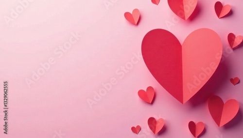 Pink and red paper hearts, gentle gradient, soft pink backdrop , hearts pattern, art, festive