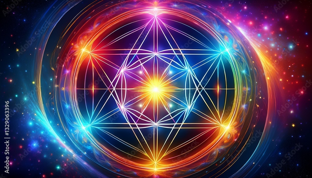 Fototapeta premium A mesmerizing infinite loop of sacred geometry pulsating with vibrant chakra energy, reflecting balance and harmony, with each geometric shape flowing into the next, embodying spiritual connection.