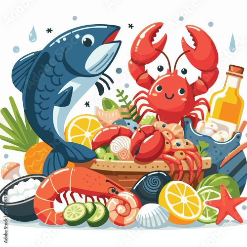 seafood, fish, restaurant, food, menu, dinner, sea, sketch, ocean, fresh, illustration, vector, vintage, market, shellfish, octopus, ink, meal, gourmet, shrimp, lobster, drawing, design, background, c