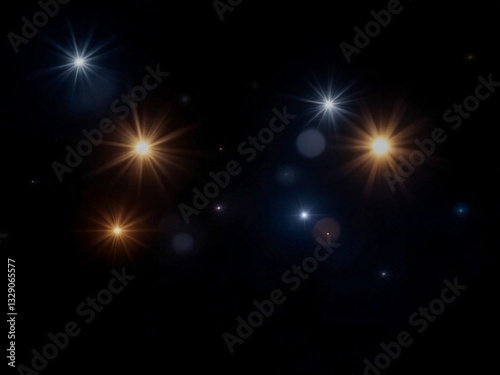 Golden Star Bursts in Dark Night Sky, Celestial Glow