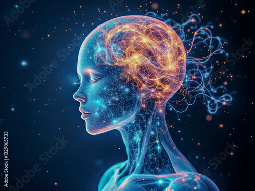 AI and Human Intelligence Fusion, Futuristic Cyber Mind Concept
