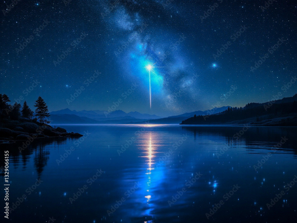 Night Sky with a Shooting Star Reflection Over a Tranquil Lake Night Sky with a Shooting Star Reflection Over a Tranquil Lake
