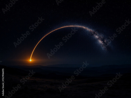 Rocket Launch at Night Leaving a Glowing Arc in the Sky