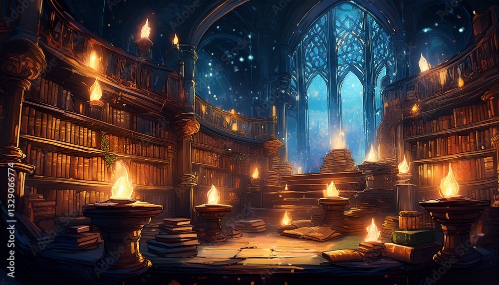 Obraz premium A medieval candlelit library, filled with floating books surrounded by glowing magical energy crackling in the air, creating an atmosphere of ancient knowledge and mysticism. 