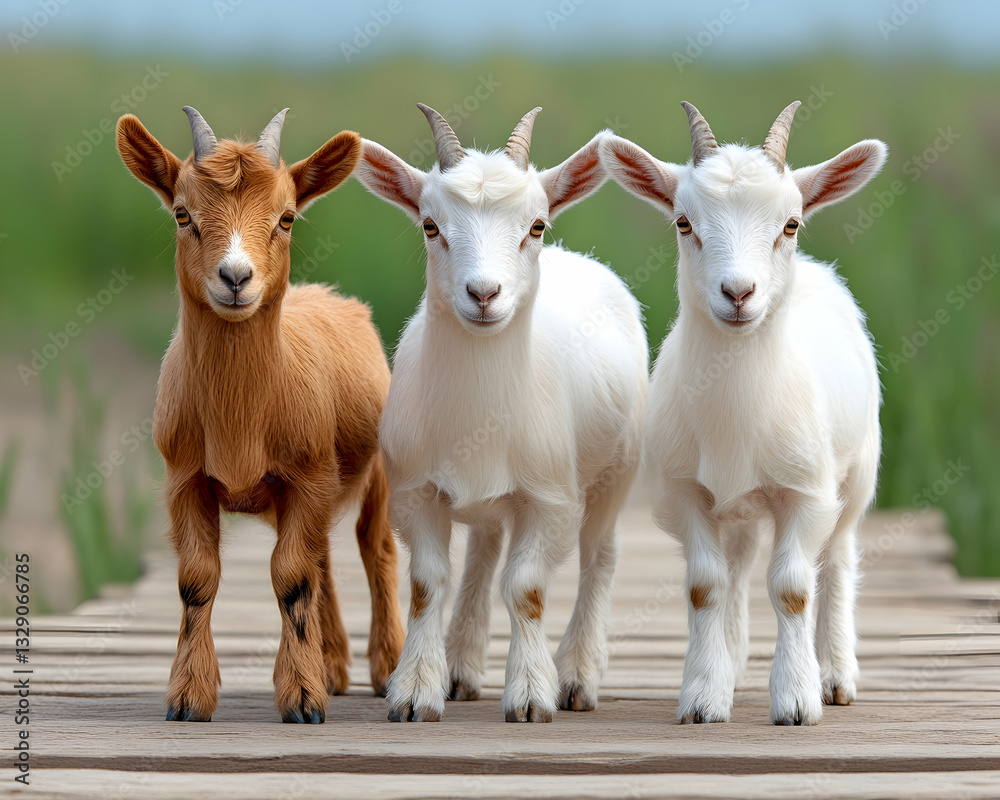 Three adorable baby goats, one brown, two white, standing on a wooden path Three adorable baby goats, one brown, two white, standing on a wooden path
