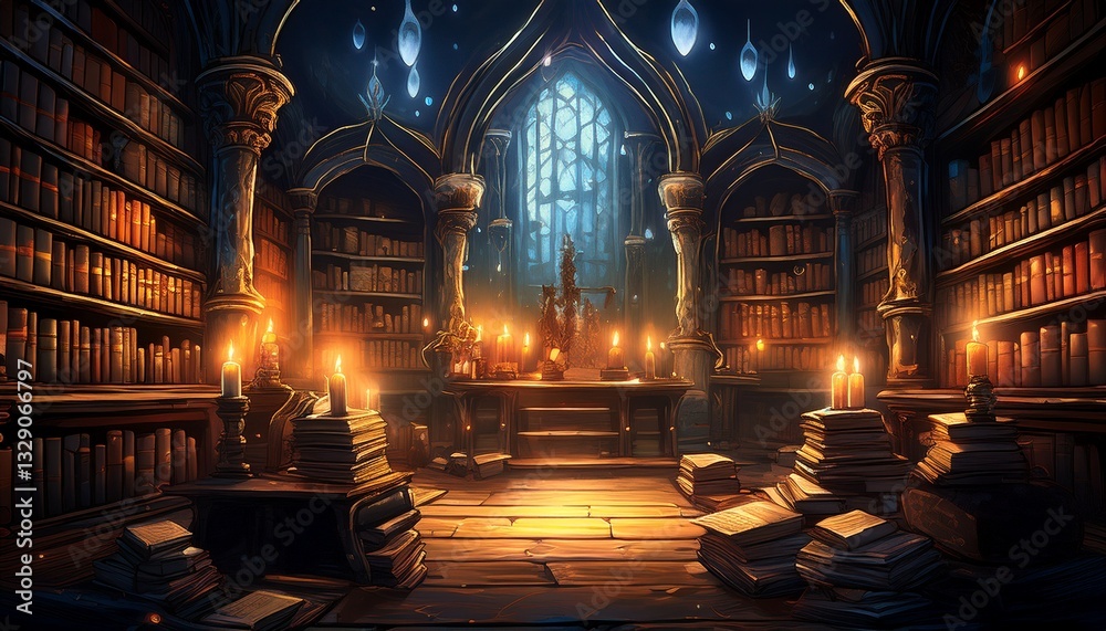 Obraz premium A medieval candlelit library, filled with floating books surrounded by glowing magical energy crackling in the air, creating an atmosphere of ancient knowledge and mysticism. 