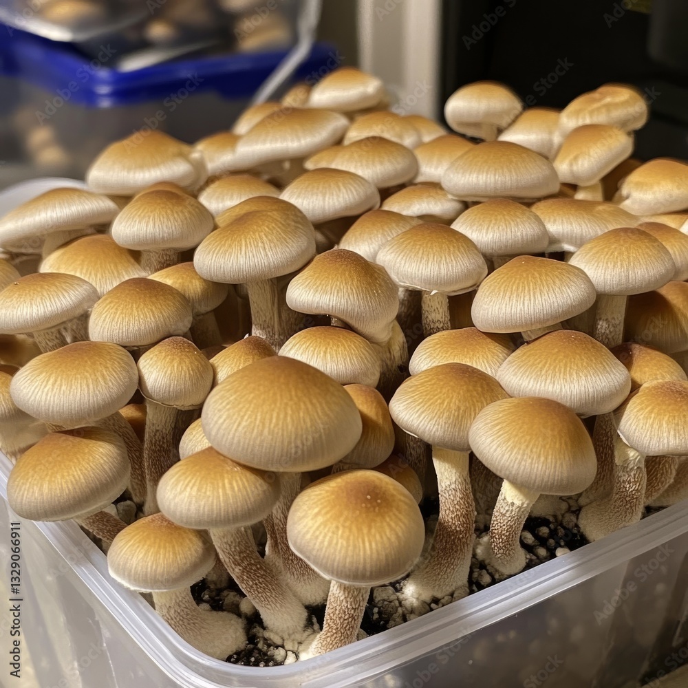 A close-up of many small, light brown mushrooms in a clear plastic container A close-up of many small, light brown mushrooms in a clear plastic container