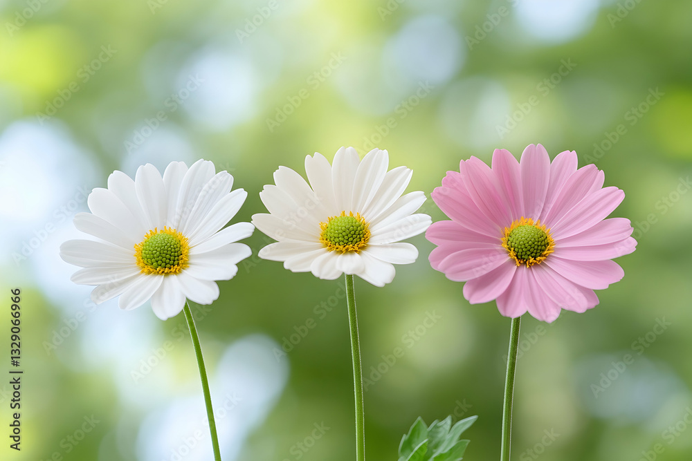 Three daisies, white, off-white, and pink, against a blurred green background Three daisies, white, off-white, and pink, against a blurred green background