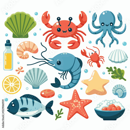 seafood, fish, restaurant, food, menu, dinner, sea, sketch, ocean, fresh, illustration, vector, vintage, market, shellfish, octopus, ink, meal, gourmet, shrimp, lobster, drawing, design, background, c