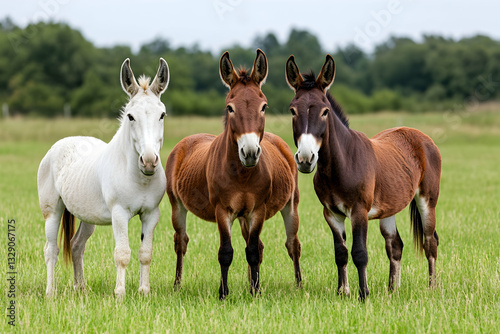 Three mules of varying coat colors stand together in a green pasture, gazing directly at the camera
