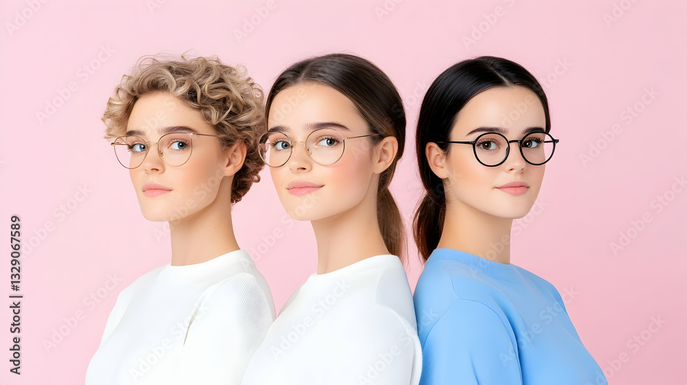 Three women with different hairstyles and eyeglasses against a pink background Three women with different hairstyles and eyeglasses against a pink background