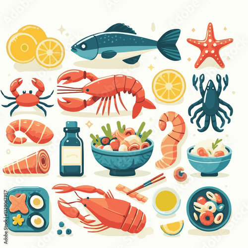 seafood, fish, restaurant, food, menu, dinner, sea, sketch, ocean, fresh, illustration, vector, vintage, market, shellfish, octopus, ink, meal, gourmet, shrimp, lobster, drawing, design, background, c