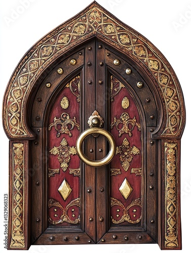Ornately decorated wooden arched double door with gold accents and handle