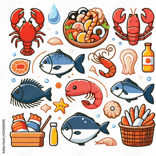 seafood, fish, restaurant, food, menu, dinner, sea, sketch, ocean, fresh, illustration, vector, vintage, market, shellfish, octopus, ink, meal, gourmet, shrimp, lobster, drawing, design, background, c