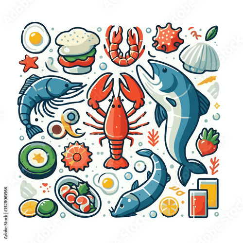 seafood, fish, restaurant, food, menu, dinner, sea, sketch, ocean, fresh, illustration, vector, vintage, market, shellfish, octopus, ink, meal, gourmet, shrimp, lobster, drawing, design, background, c