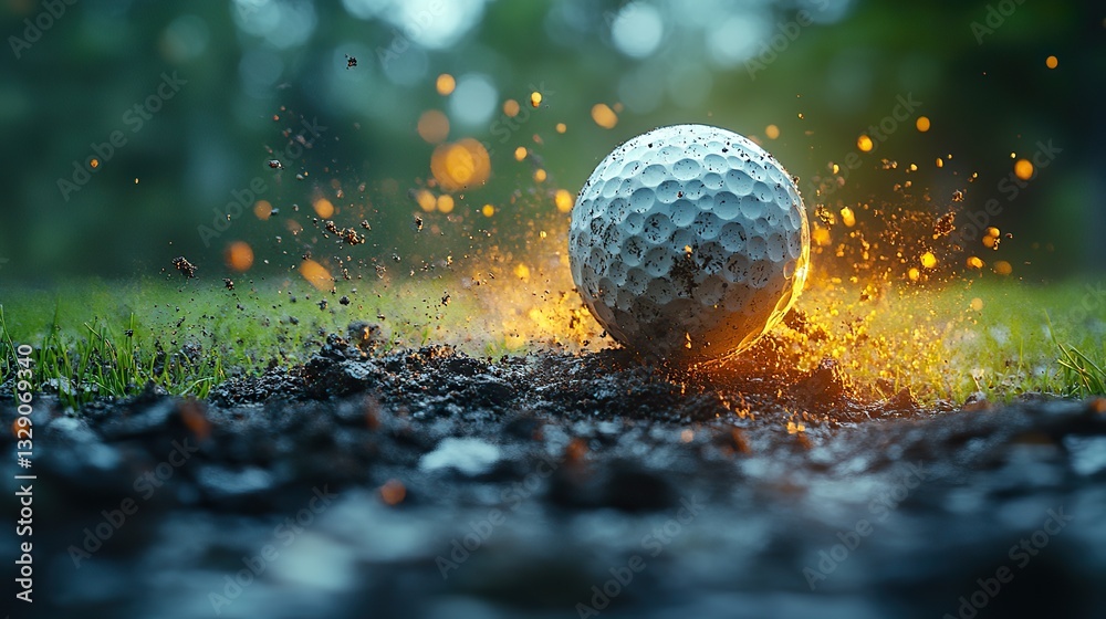 A golf ball explodes earth and grass, rolling dynamically on perfectly cut grass. A golf ball explodes earth and grass, rolling dynamically on perfectly cut grass.