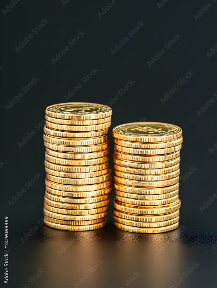 Two stacks of gold coins, one taller than the other, against a dark background Two stacks of gold coins, one taller than the other, against a dark background