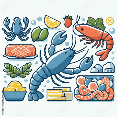 seafood, fish, restaurant, food, menu, dinner, sea, sketch, ocean, fresh, illustration, vector, vintage, market, shellfish, octopus, ink, meal, gourmet, shrimp, lobster, drawing, design, background, c
