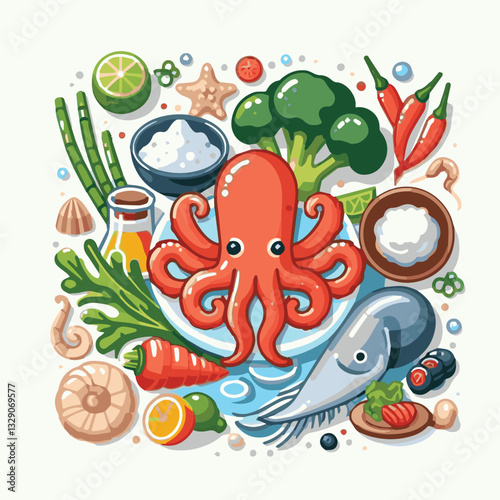 seafood, fish, restaurant, food, menu, dinner, sea, sketch, ocean, fresh, illustration, vector, vintage, market, shellfish, octopus, ink, meal, gourmet, shrimp, lobster, drawing, design, background, c