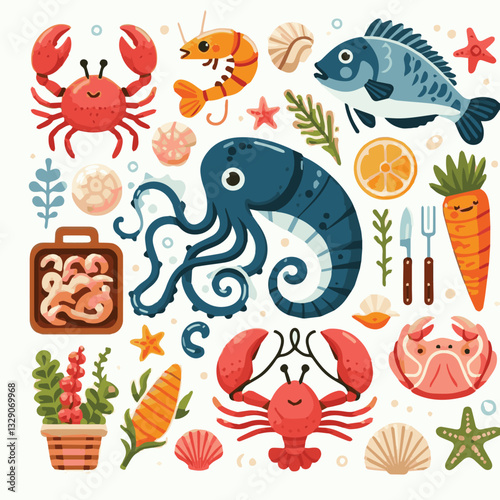 seafood, fish, restaurant, food, menu, dinner, sea, sketch, ocean, fresh, illustration, vector, vintage, market, shellfish, octopus, ink, meal, gourmet, shrimp, lobster, drawing, design, background, c
