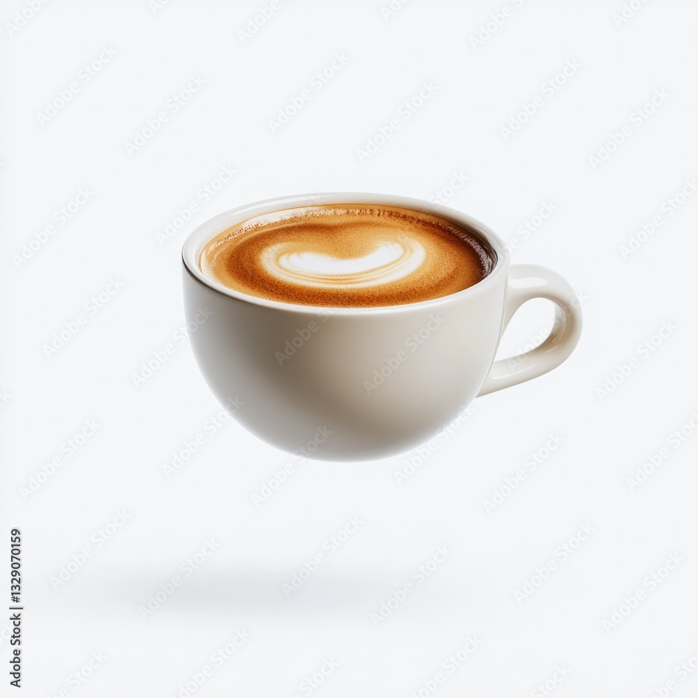 Obraz premium Floating cup of coffee showcases smooth latte art and minimalist