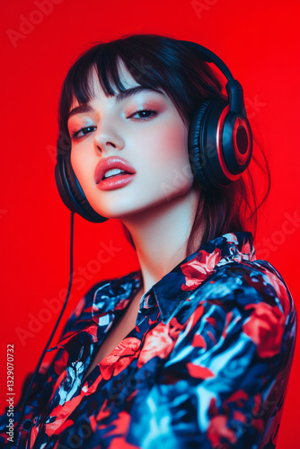 Fashionable Woman Listening to Music with Headphones Under Red Neon Studio Light