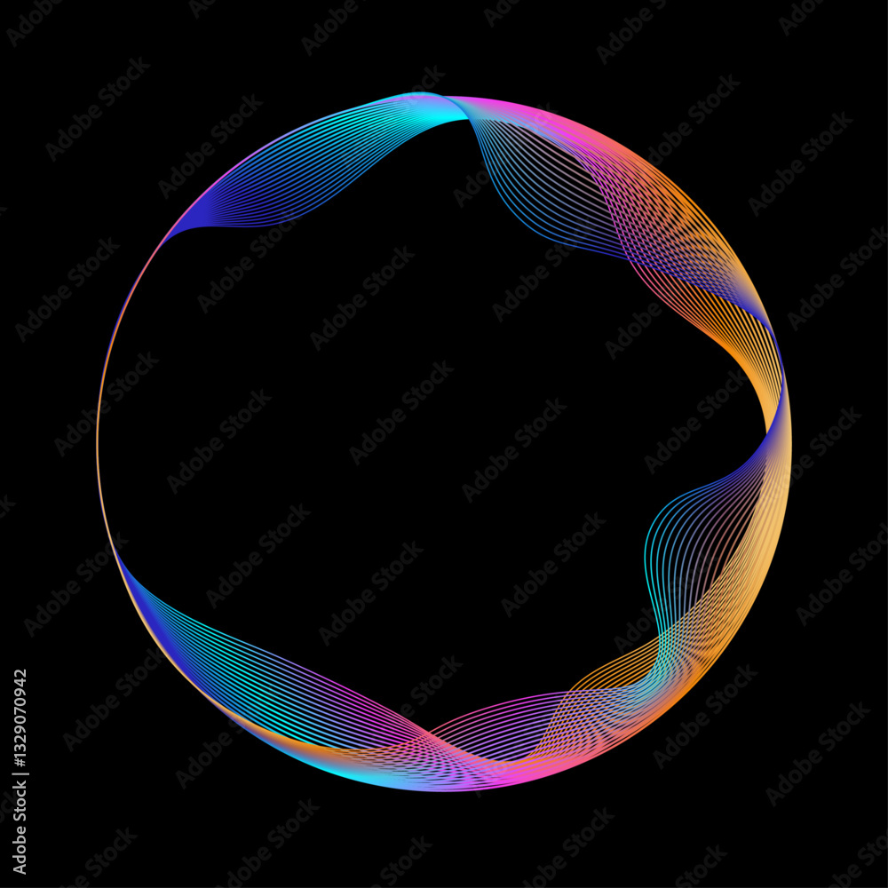 Neon iridescent blend line circle frame. Bright spinning circular border. Abstract rainbow color circle with colorful waves isolated on black background with copy space.