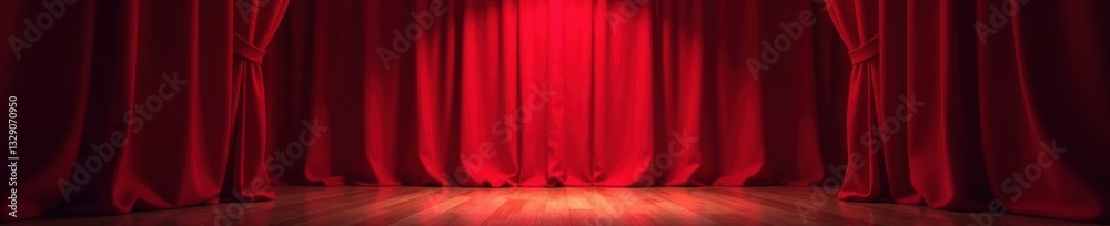 Fototapeta premium Velvet red curtain, single spotlight illuminates center stage, play, mystery