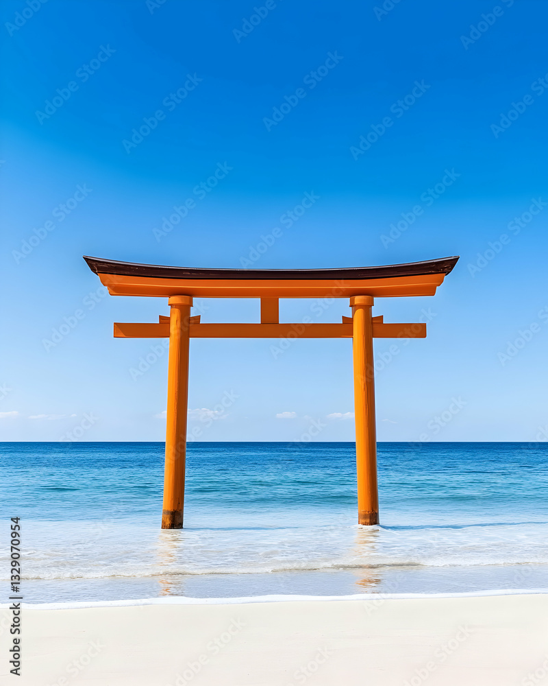 Vibrant orange torii gate stands majestically in tranquil ocean waters against a clear blue sky Vibrant orange torii gate stands majestically in tranquil ocean waters against a clear blue sky
