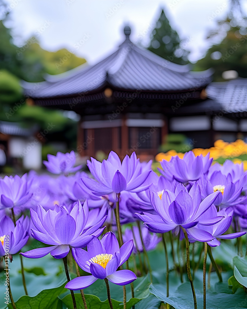 Vibrant purple lotus flowers in full bloom, set against a softly blurred backdrop of a traditional temple Vibrant purple lotus flowers in full bloom, set against a softly blurred backdrop of a traditional temple