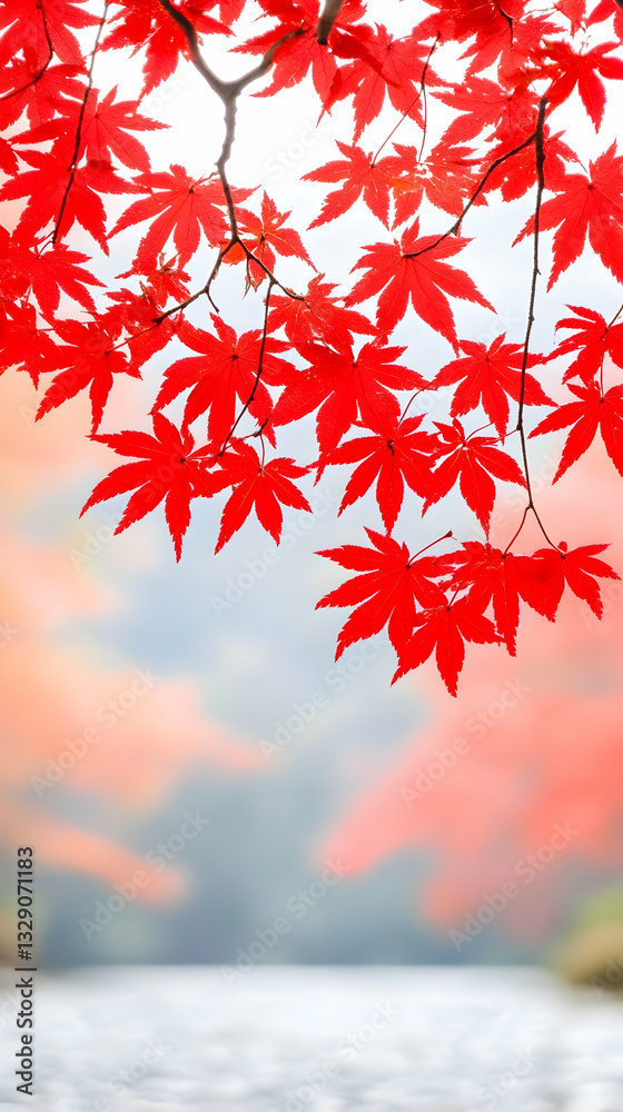 Vibrant red maple leaves against a blurred autumnal landscape Vibrant red maple leaves against a blurred autumnal landscape