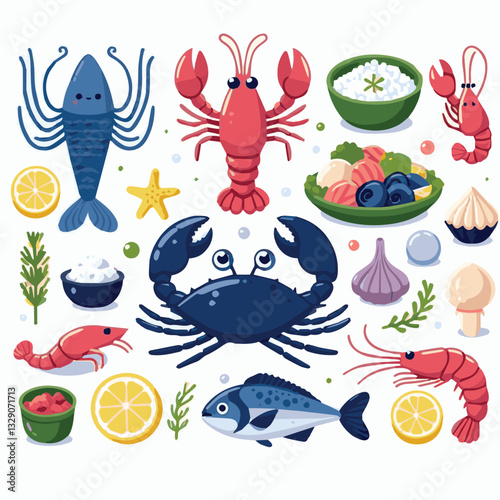 seafood, fish, restaurant, food, menu, dinner, sea, sketch, ocean, fresh, illustration, vector, vintage, market, shellfish, octopus, ink, meal, gourmet, shrimp, lobster, drawing, design, background, c