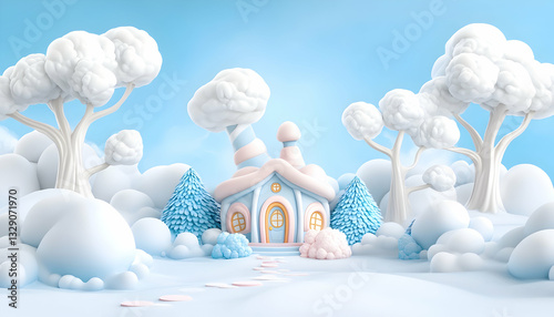 Whimsical pastel winter house nestled amongst stylized snow-covered trees and clouds