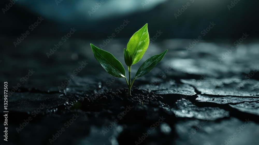 A lone green sprout breaks through the cracked earth, symbolizing resilience and hope as it seeks life amidst adversity, showcasing nature’s power to thrive.