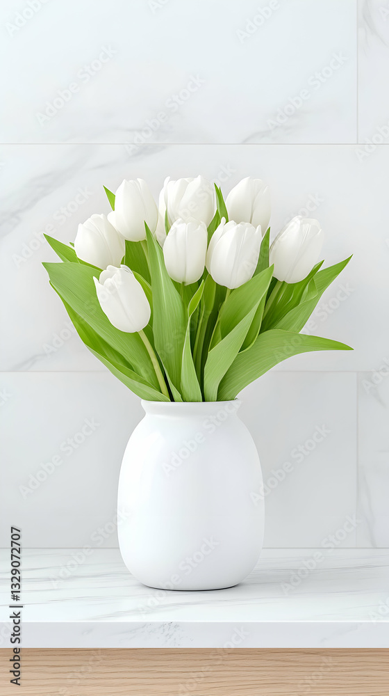 White tulips in a simple, elegant white vase on a marble surface White tulips in a simple, elegant white vase on a marble surface