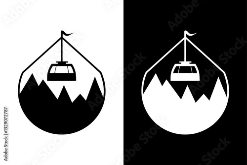 Black and White Gondola Cable Car Icon Mountain Adventure Theme.