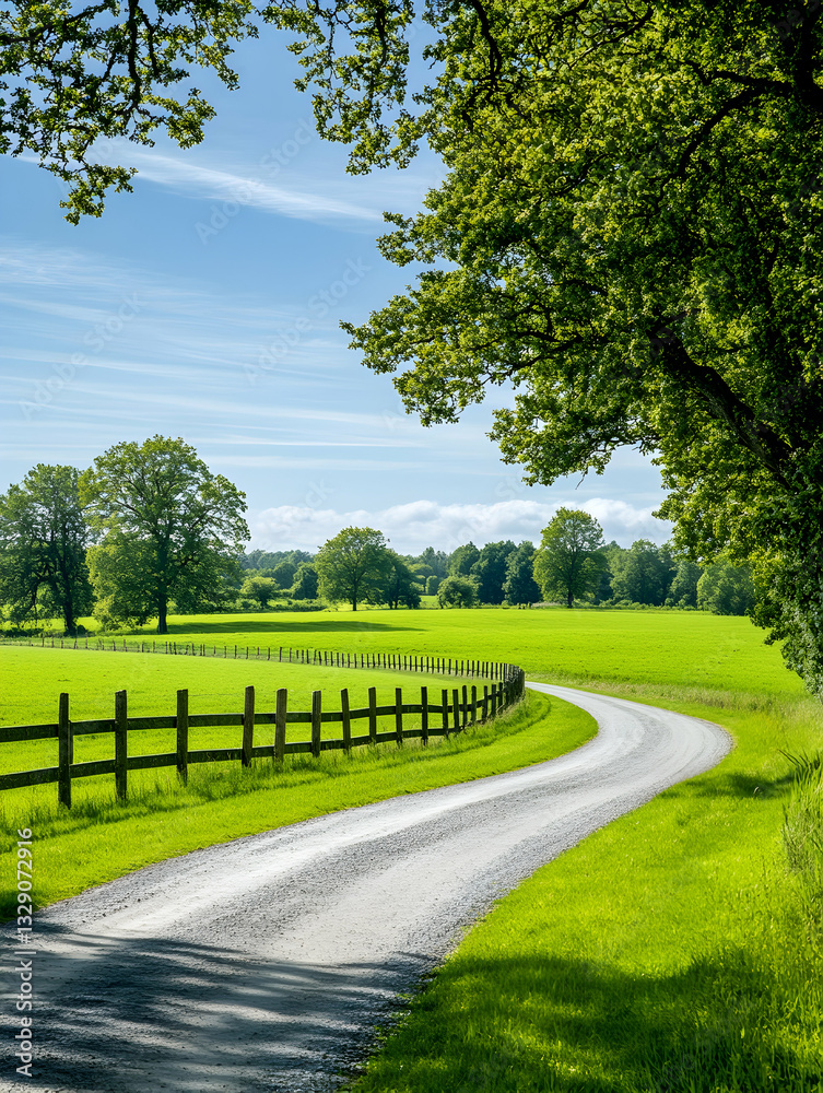 Fototapeta premium Winding country road through verdant fields