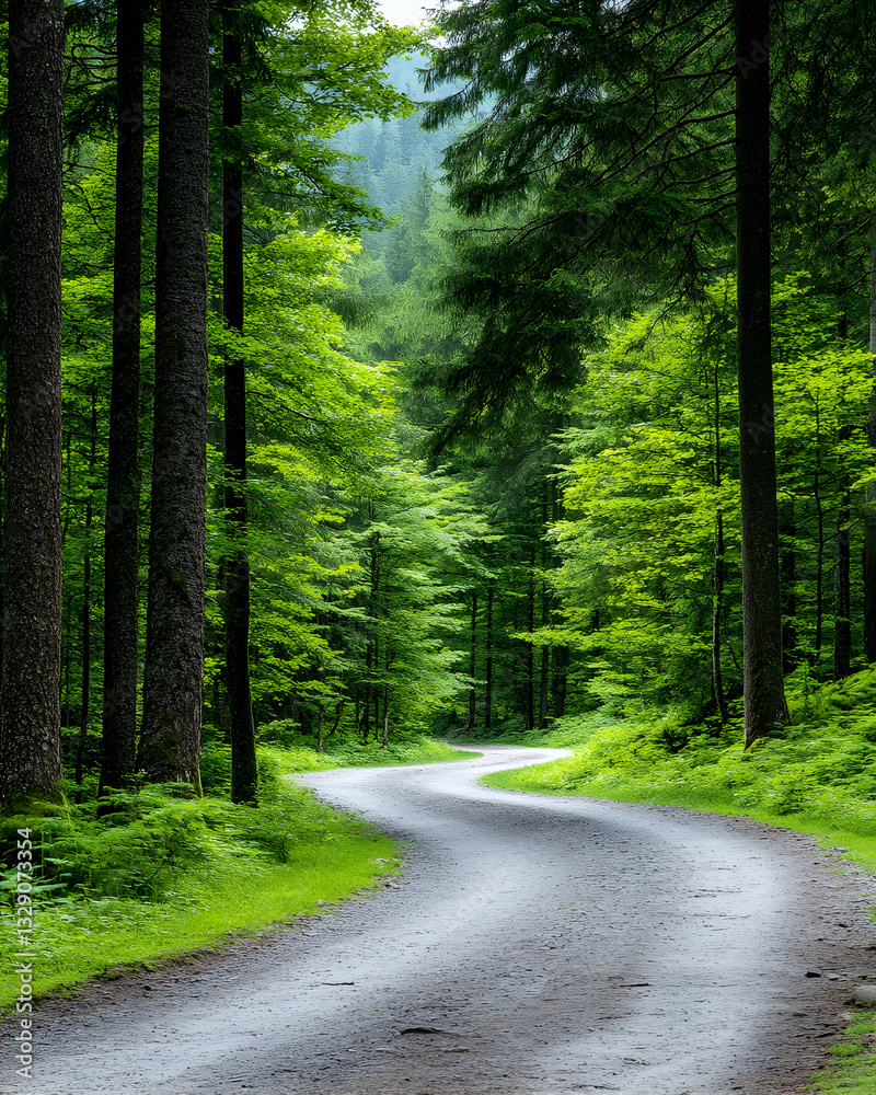 Obraz premium Winding road through lush green forest
