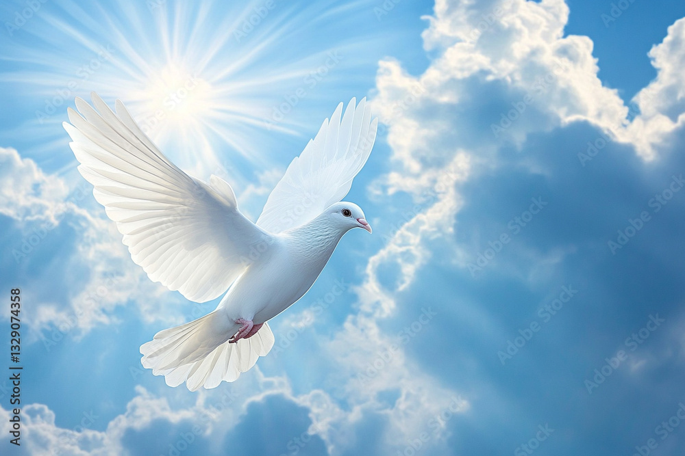 Majestic white dove flying in a bright blue sky Majestic white dove flying in a bright blue sky