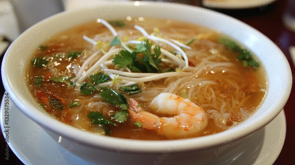 Delicious shrimp noodle soup with fresh herbs and vegetables served in a traditional bowl Delicious shrimp noodle soup with fresh herbs and vegetables served in a traditional bowl