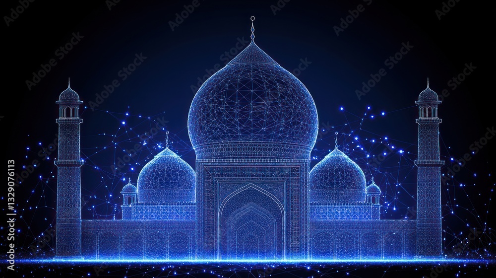 Obraz premium A futuristic representation of a grand mosque against a dark backdrop