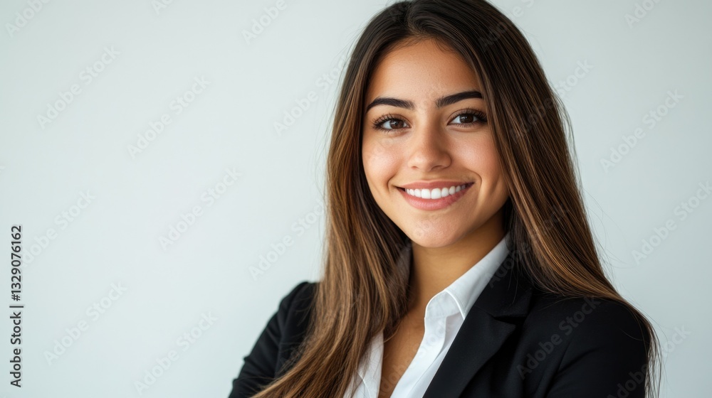 Smiling professional female executive wearing business attire, confident and poised in the office. Smiling professional female executive wearing business attire, confident and poised in the office.